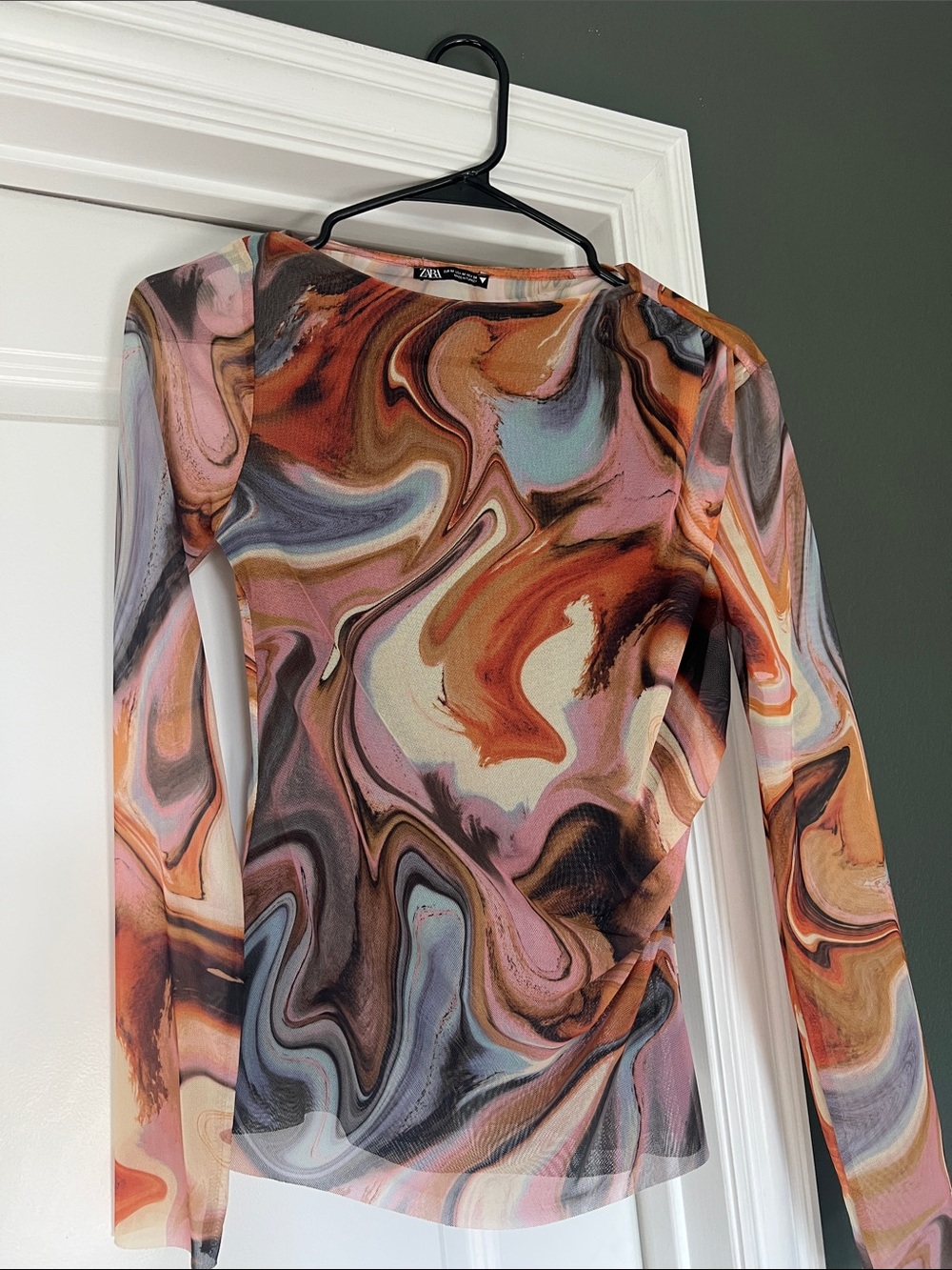 Zara Multicolor Swirl Long Sleeve Mesh Top - Rust, Pink, Cream, Blue